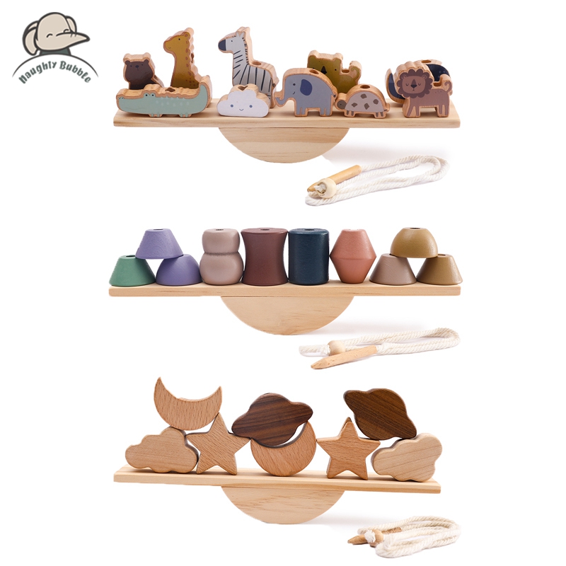 Wooden Blocks Stacking - Baby Animal Threading Toys Wooden Seesaw