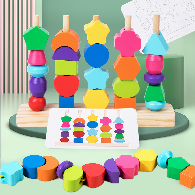 Wooden Blocks Stacking - Montessori Wooden Beads Sequencing Toy Set,