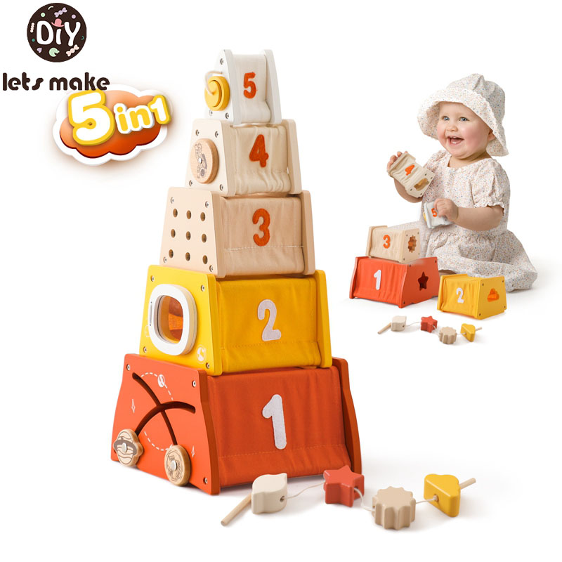 Wooden Blocks Stacking - Kids Wooden Montessori Toys Threading Board